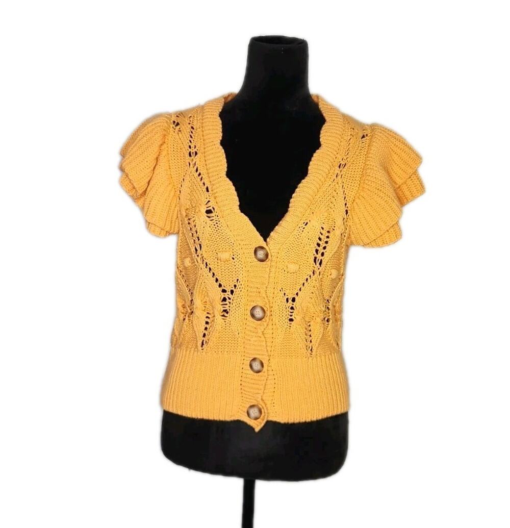Zara Crochet Knit Women's Orange Flutter Sleeve V-Neck Button Front Top Sz Small